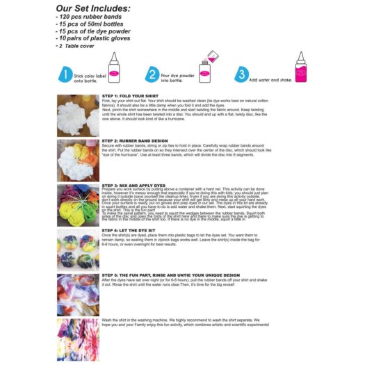 Tie Dye kit van 15 kleuren textielverf met elastiek en knijpflesjes instructies