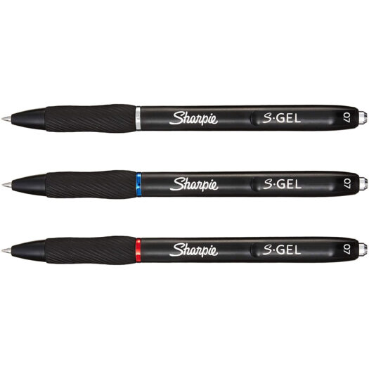 vooraanzicht sharpie gel pennen multipack blauw rood en zwart. 0,7mm punt