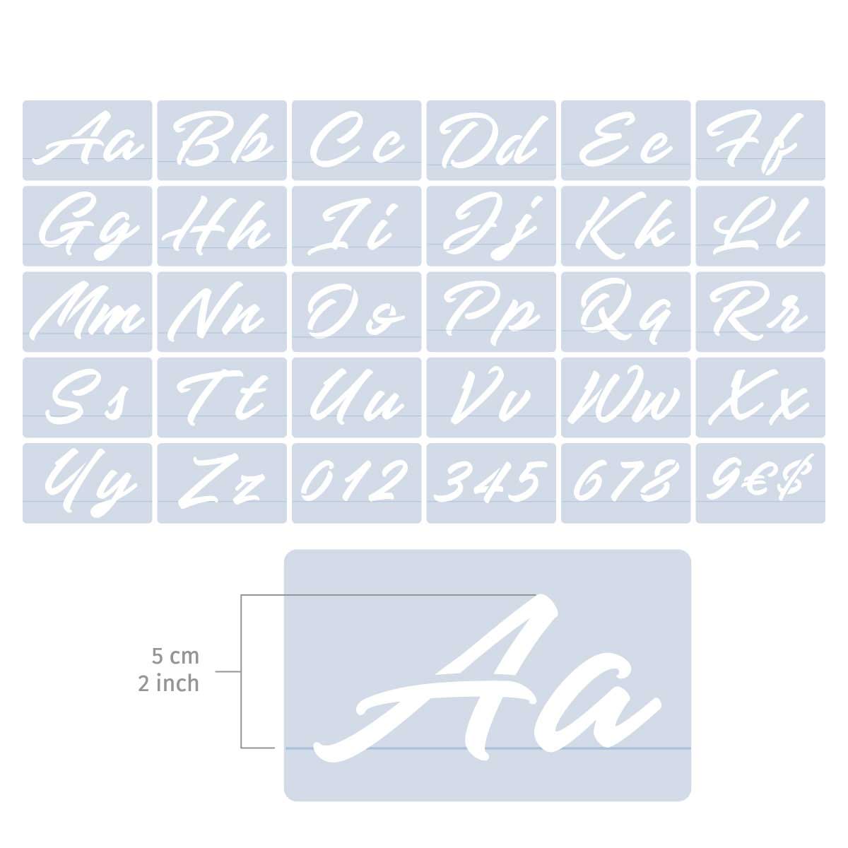Swash Briefschablonen Briefhöhe 7cm QBIX Schablonen Buchstaben set Schablonenschrift