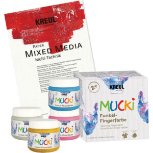 MUCKI Fingerfarben-Set mit 4 glänzenden Farben und 10 Blatt Malpapier im Format A3